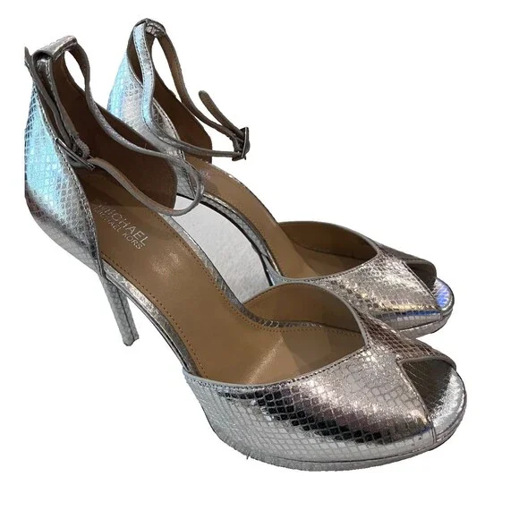 Michael Kors NEW Size 9 Tiegan Metallic Embossed Heel Sandal Silver Leather MK - Picture 6 of 16